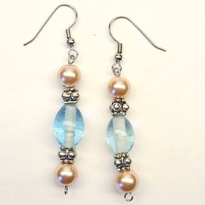 Handmade Earrings Blue Glass and Faux Pearl Beaded Earrings